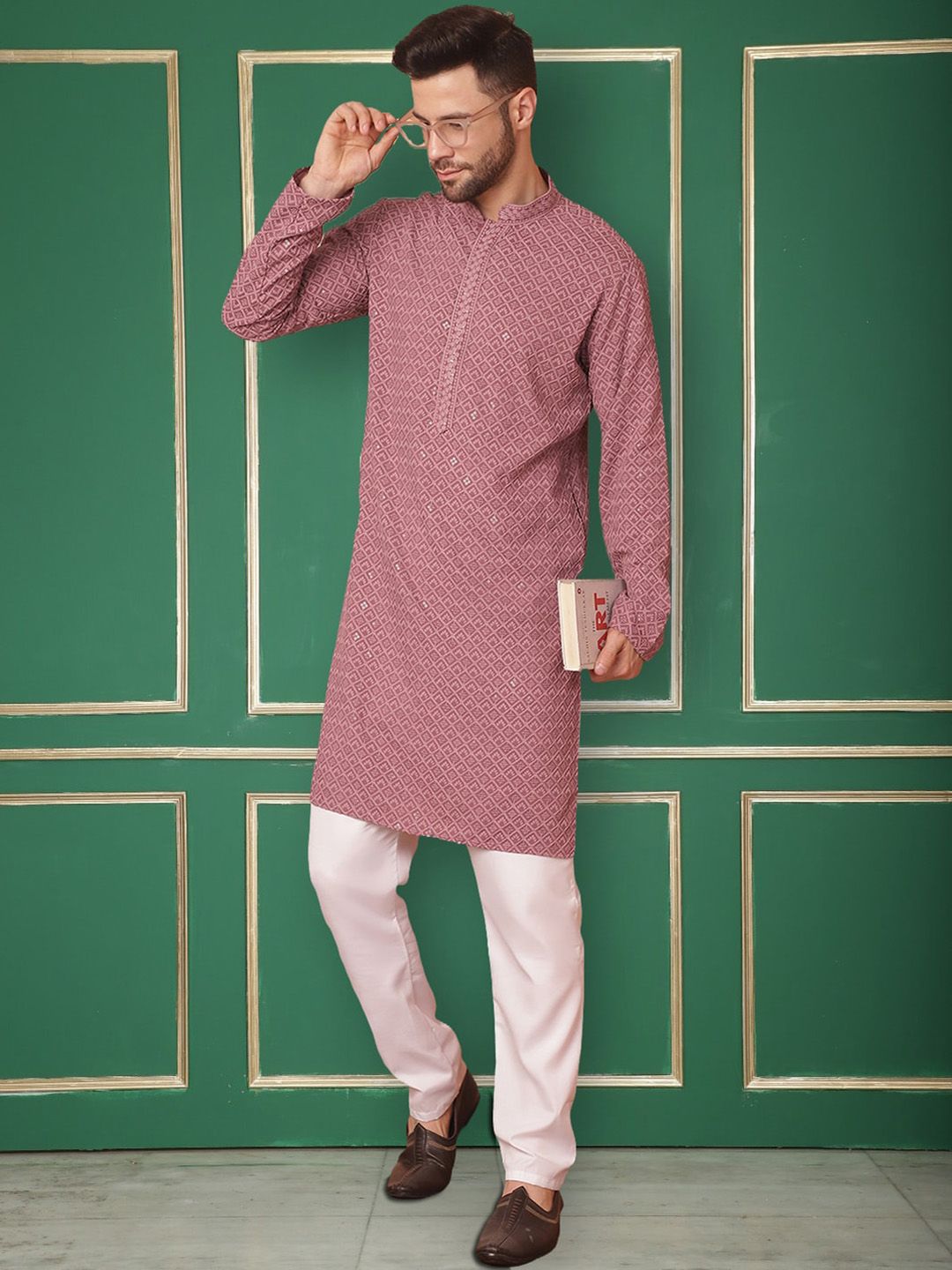 Jompers Embroidered Mandarin Collar Sequinned Kurta with Pyjamas