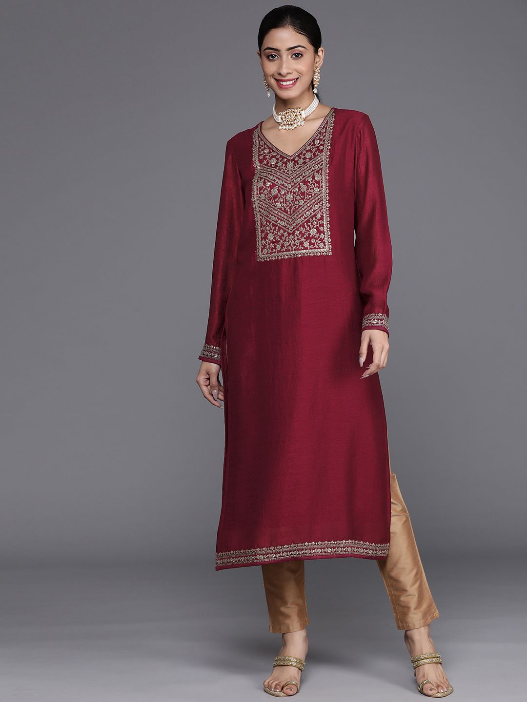 Libas Women Maroon Ethnic Motifs Embroidered Embellished Yoke Design Kurta