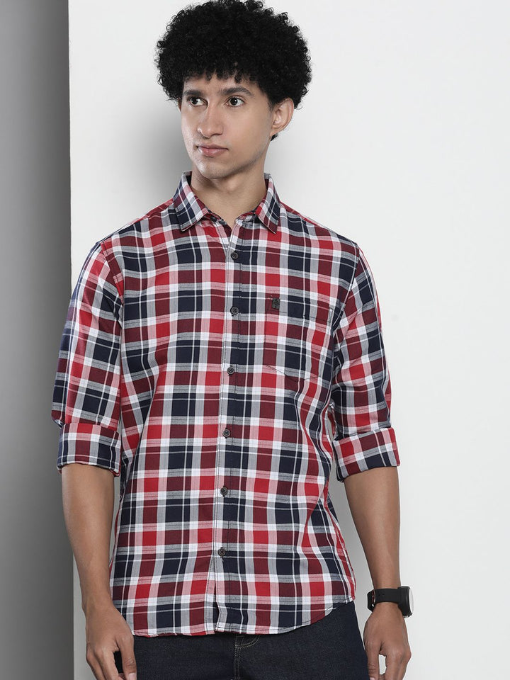 The Indian Garage Co Men Navy Blue & Red Gingham Checked Pure Cotton Casual Shirt
