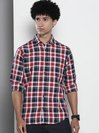 The Indian Garage Co Men Navy Blue & Red Gingham Checked Pure Cotton Casual Shirt