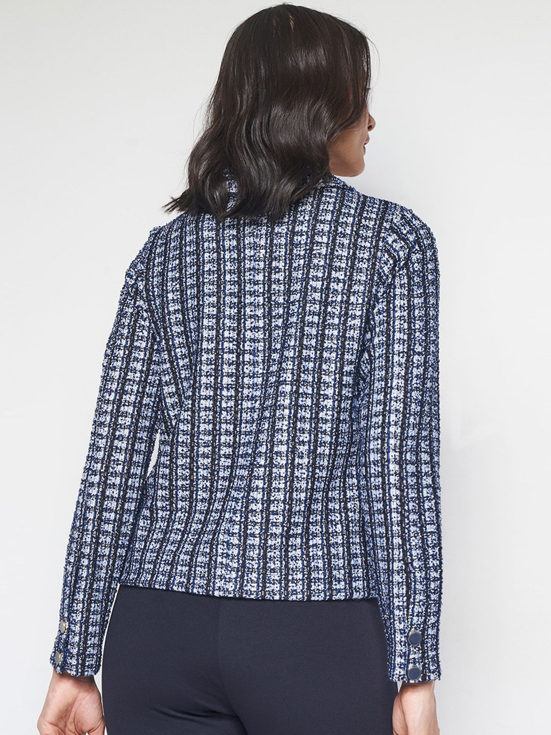 AND Self Design Spread Collar Long Sleeves Crop Tailored Jacket