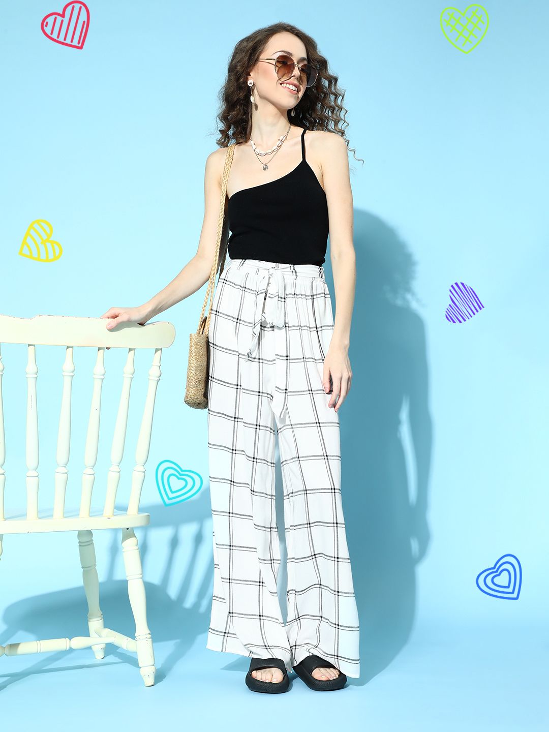 Berrylush Women Classic White Checked Graduated Flare Trousers