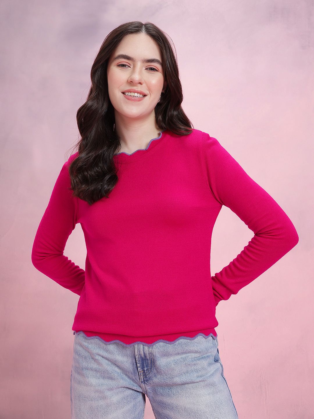 DressBerry Women Scalloped Hem Acrylic Pullover