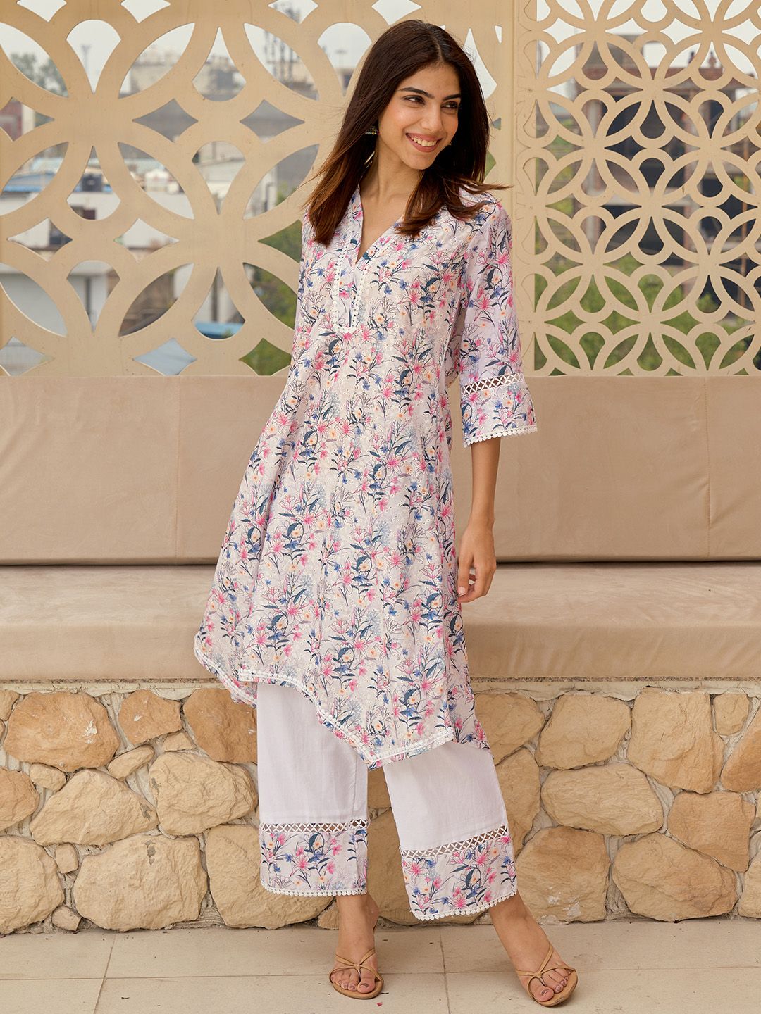 Libas Floral Printed V-Neck Regular Chikankari Kurta with Palazzos