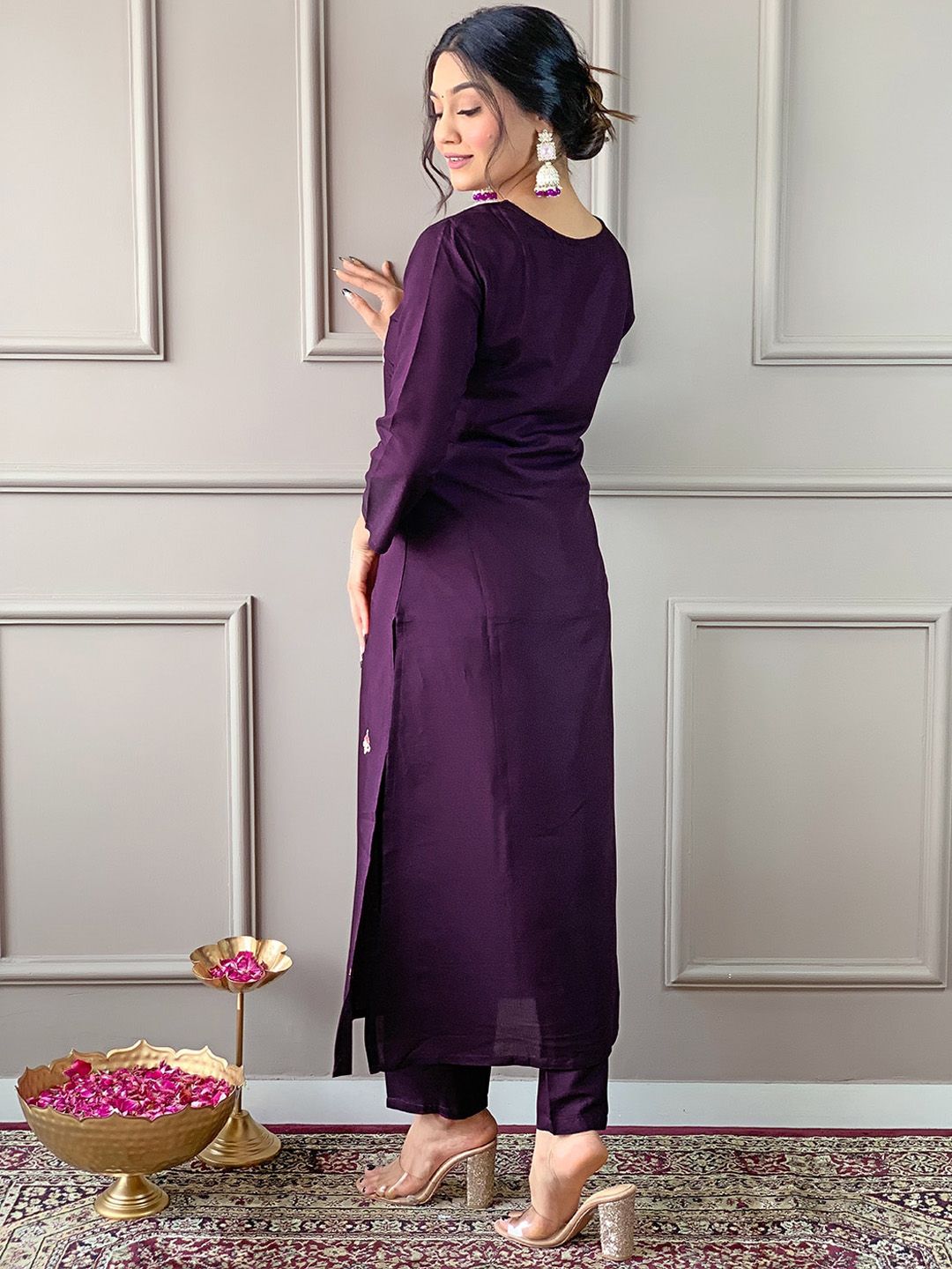 KALINI Floral Embroidered Round Neck Three-Quarter Sleeves Kurta Set
