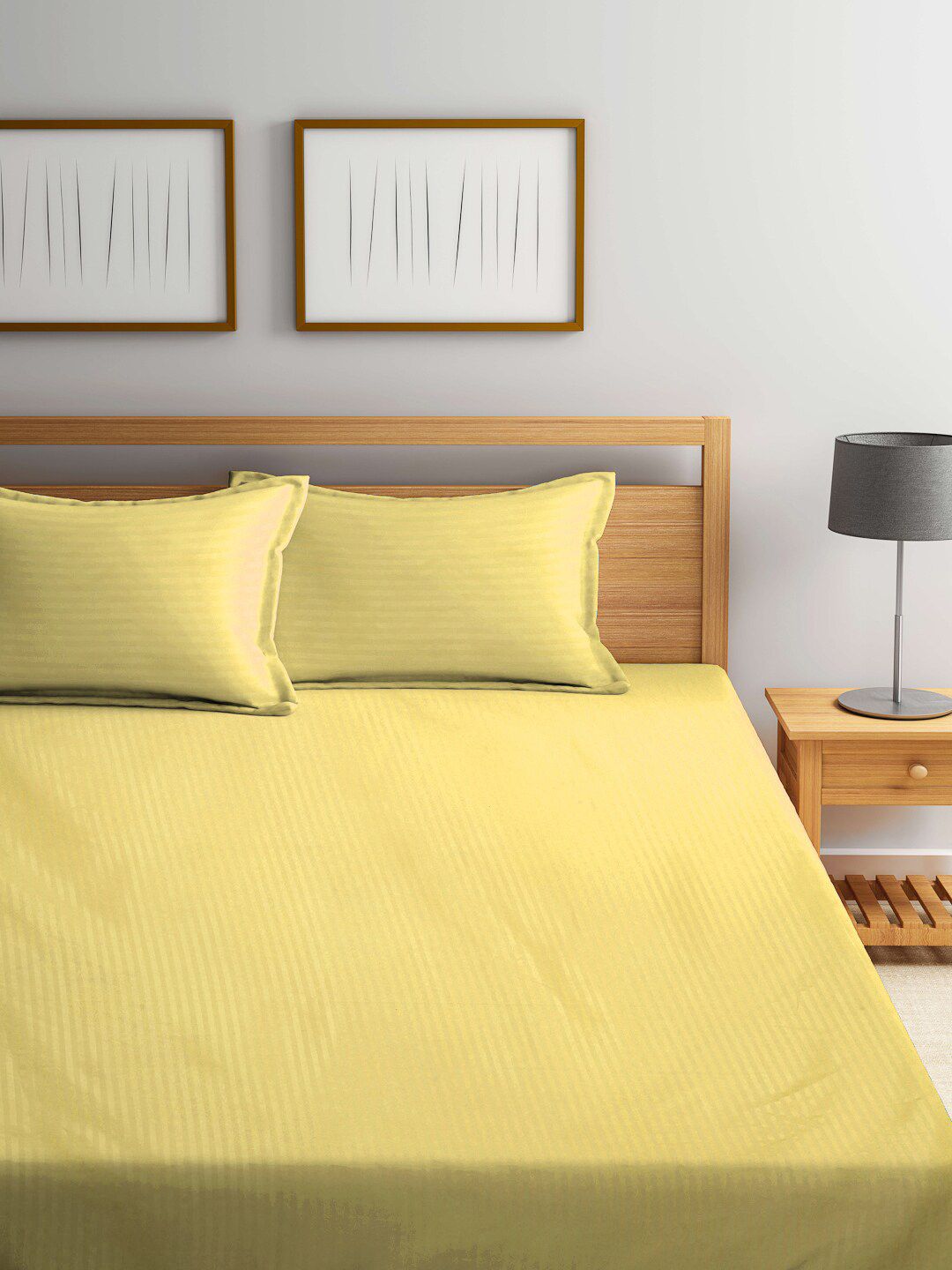 KLOTTHE Yellow Striped Cotton Blend 300 TC King Bedsheet With 2 Pillow Covers