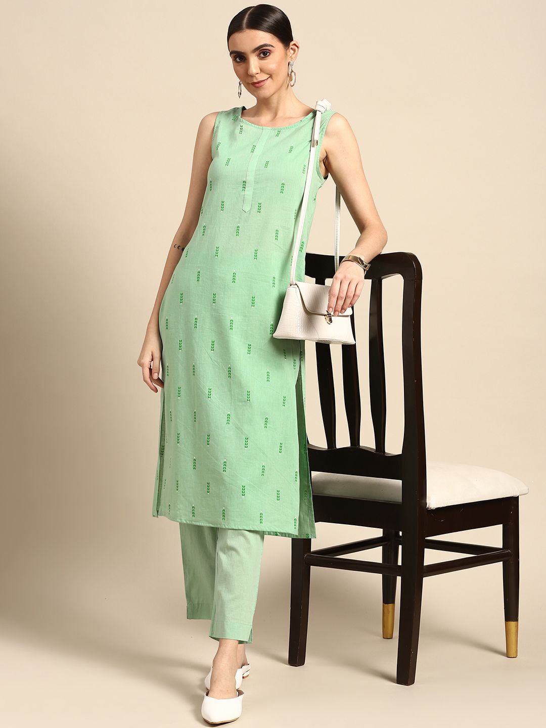 Anouk Women Sea Green Ethnic Motifs Printed Pure Cotton Kurta with Trousers