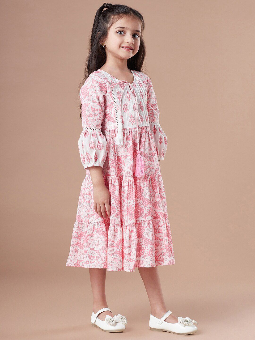 pspeaches Girls Tiered Floral Print Tie-Up Neck A-Line Midi Cotton Dress