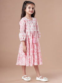 pspeaches Girls Tiered Floral Print Tie-Up Neck A-Line Midi Cotton Dress