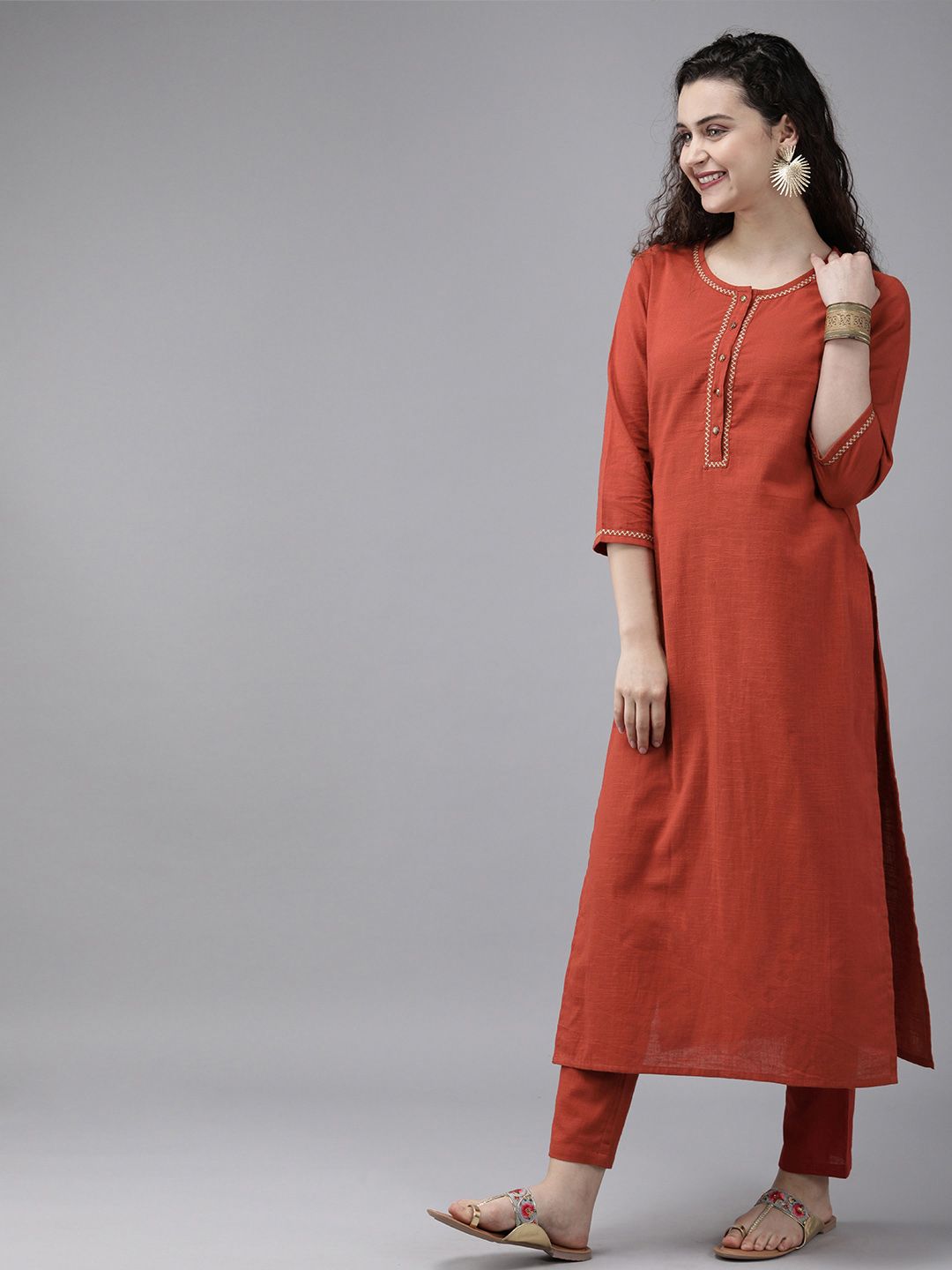Anouk Women Rust Red Solid Kurta with Trousers