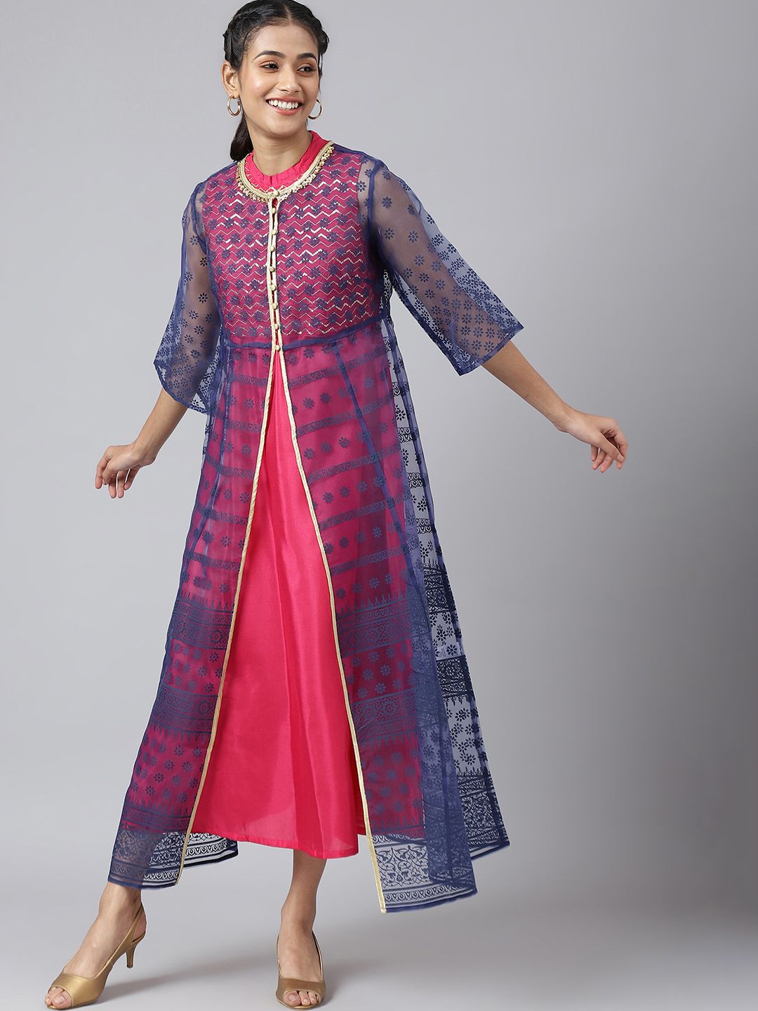 AURELIA Women Blue Ethnic Motifs Printed Flared Sleeves Anarkali Kurta