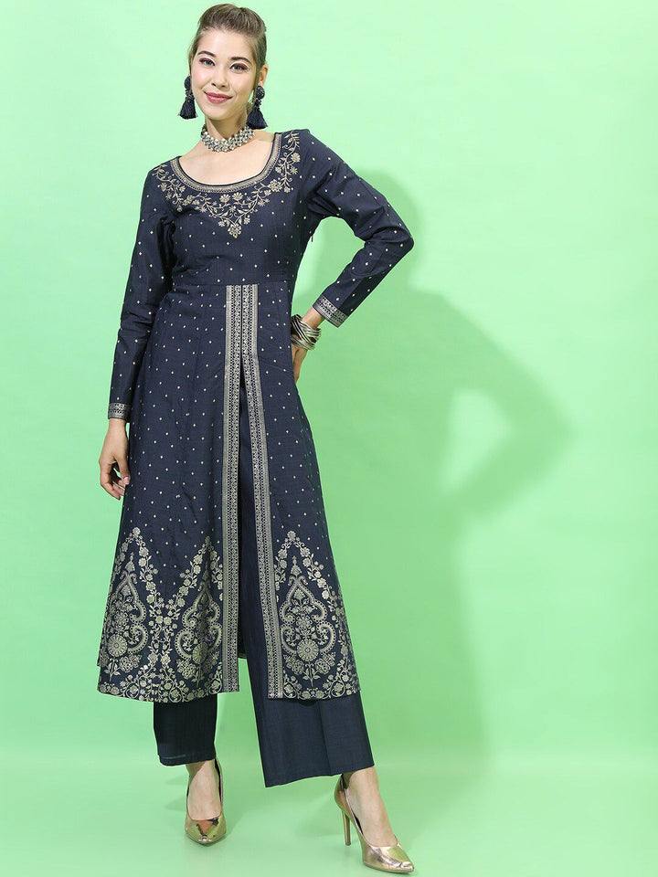 Vishudh Women Navy Blue Floral Embroidered Empire Kurta with Palazzos