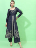 Vishudh Women Navy Blue Floral Embroidered Empire Kurta with Palazzos
