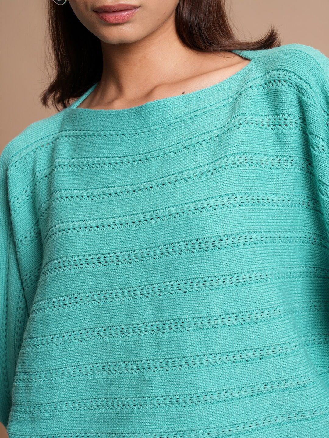 Tokyo Talkies Teal Blue Self Design Acrylic Pullover Sweater