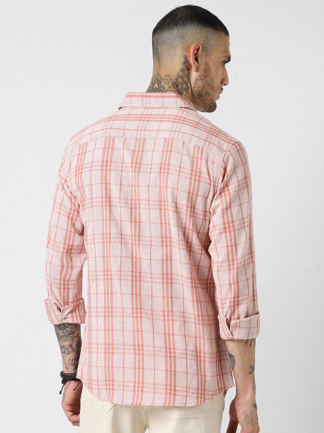 VASTRADO Slim Fit Tartan Checked Spread Collar Cotton Casual Shirt