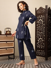 House of Pataudi Floral Embroidered Pure Cotton Kurti with Trousers