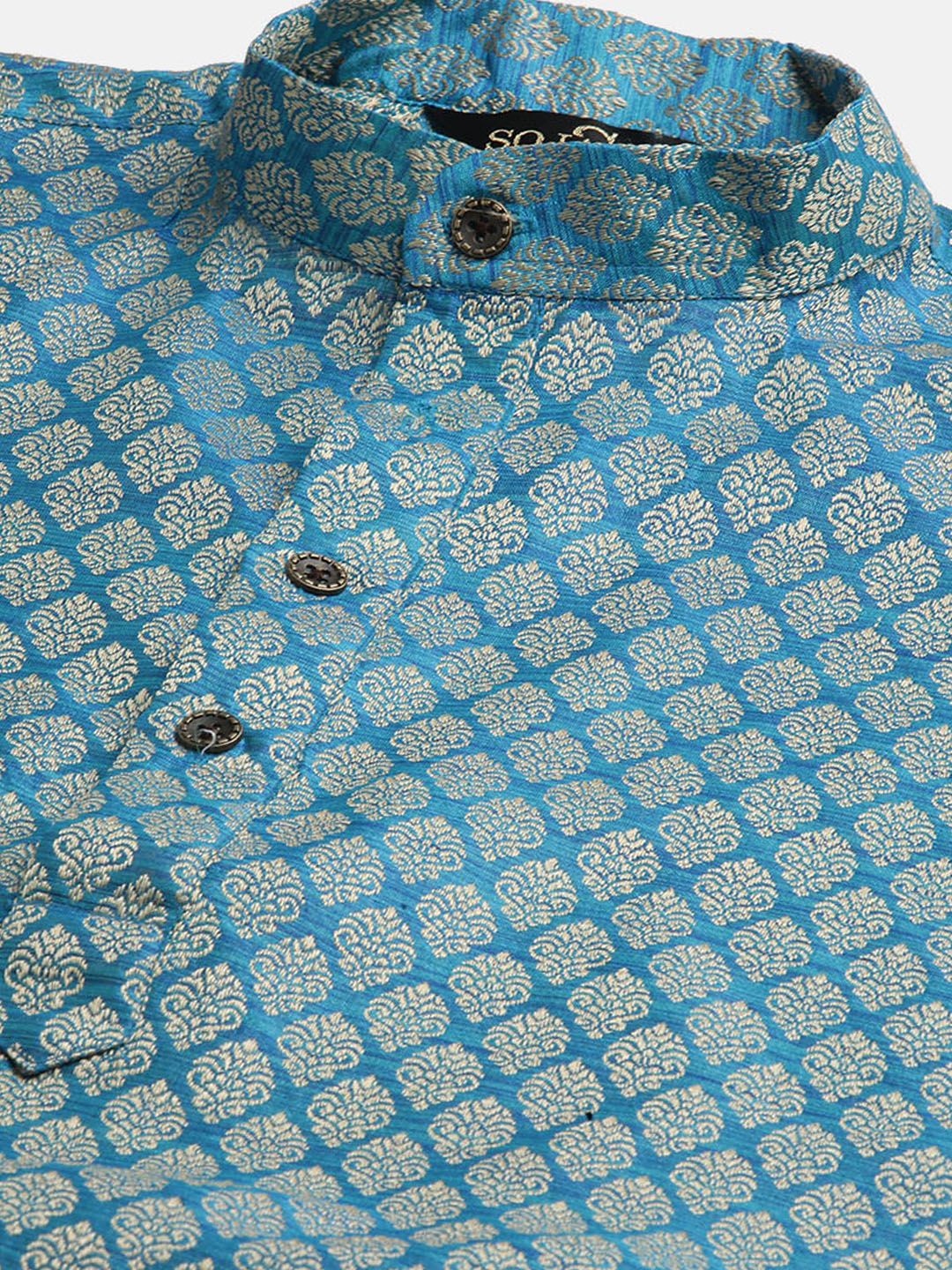 SOJANYA Men Teal Blue & Green Ethnic Motifs Kurta with Churidar & Nehru Jacket