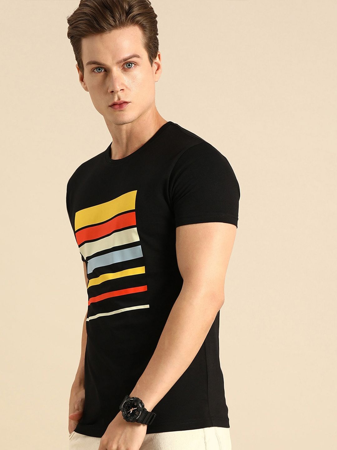 Bewakoof Men Black Printed Round Neck Pure Cotton T-shirt