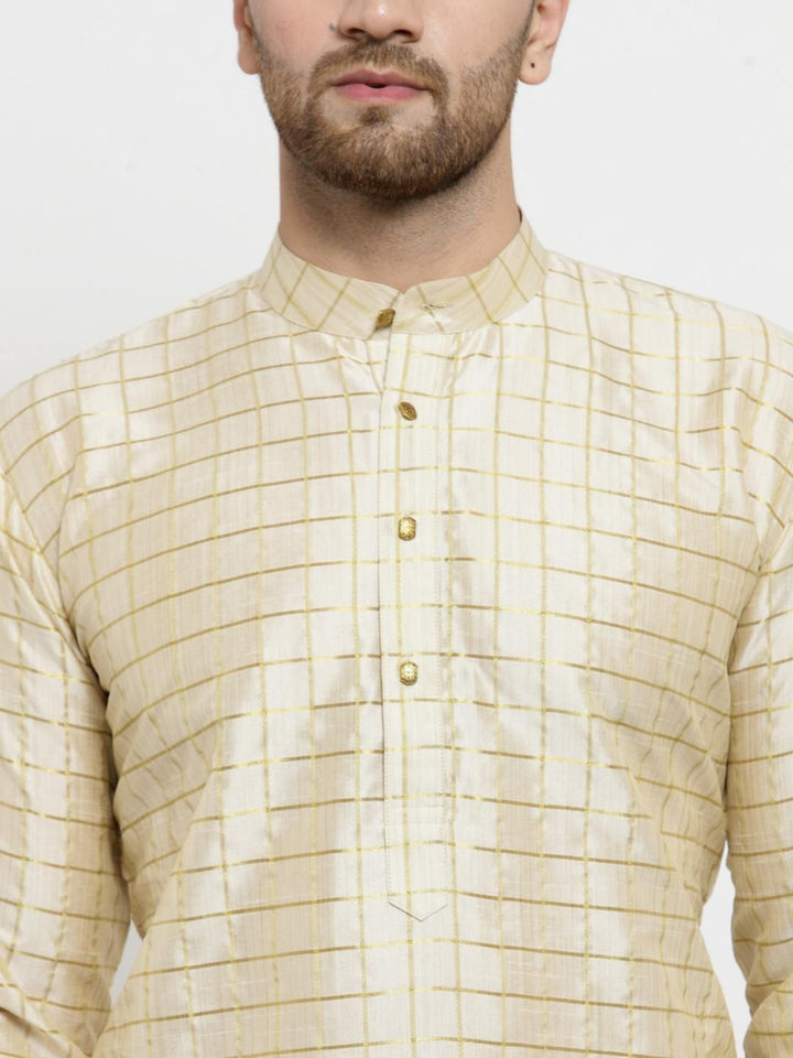 SOJANYA Men Beige & Golden Checked Straight Kurta