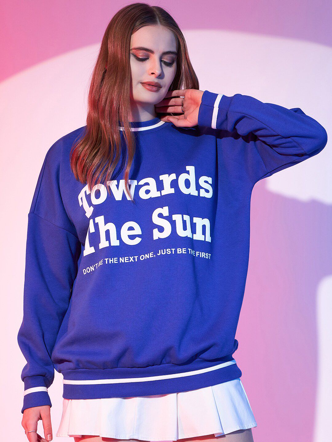 STREET 9 Blue Typography Printed Drop Shoulder Pullover Fleece Sweatshirt