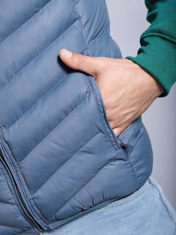 The Indian Garage Co Men Blue Floral Striped Outdoor Puffer Jacket