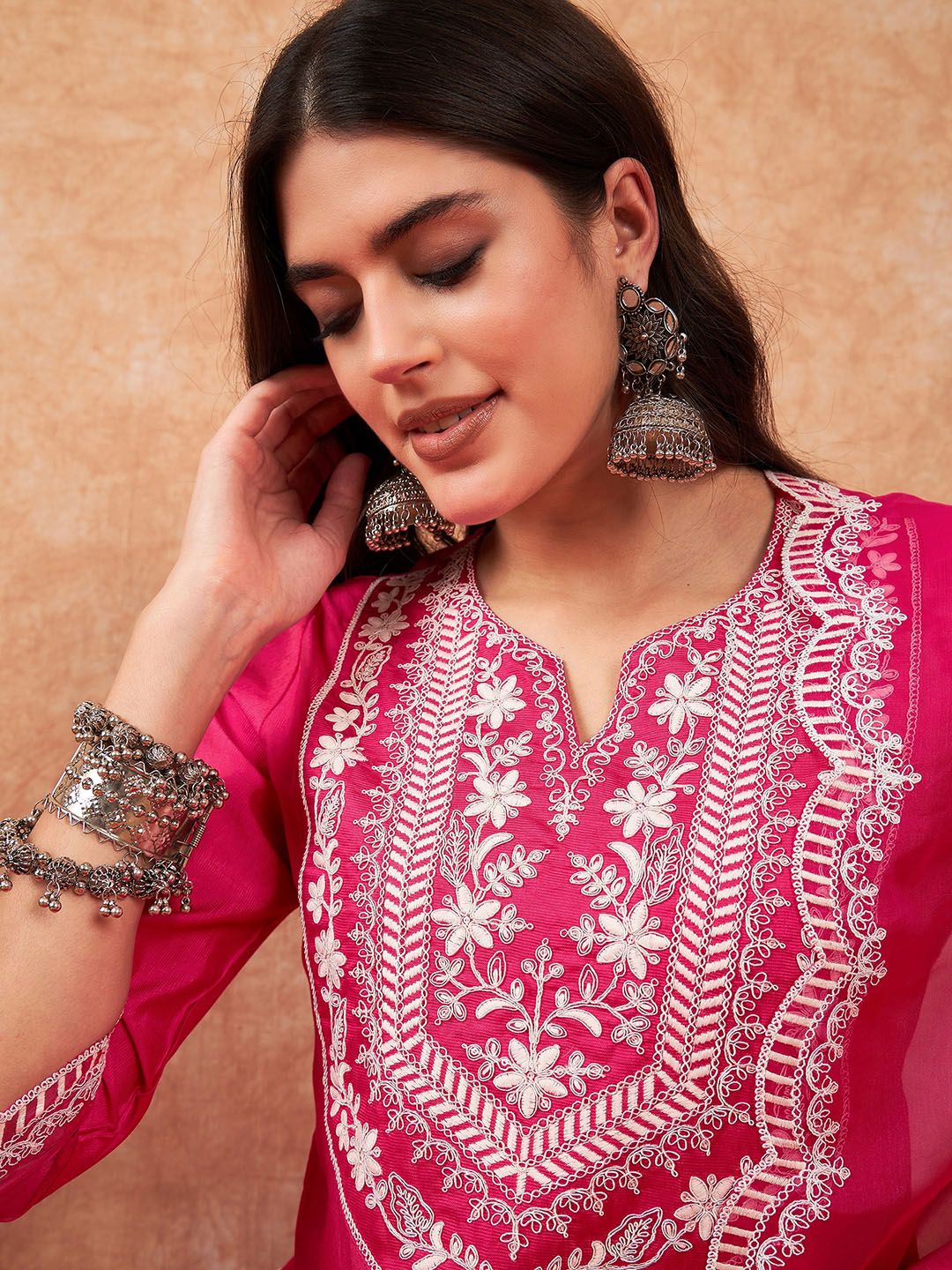 Indo Era Floral Yoke Design Regular Thread Work Kurta With Trousers & Dupatta