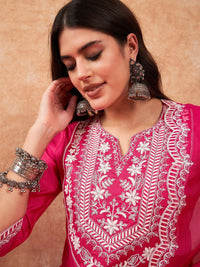 Indo Era Floral Yoke Design Regular Thread Work Kurta With Trousers & Dupatta