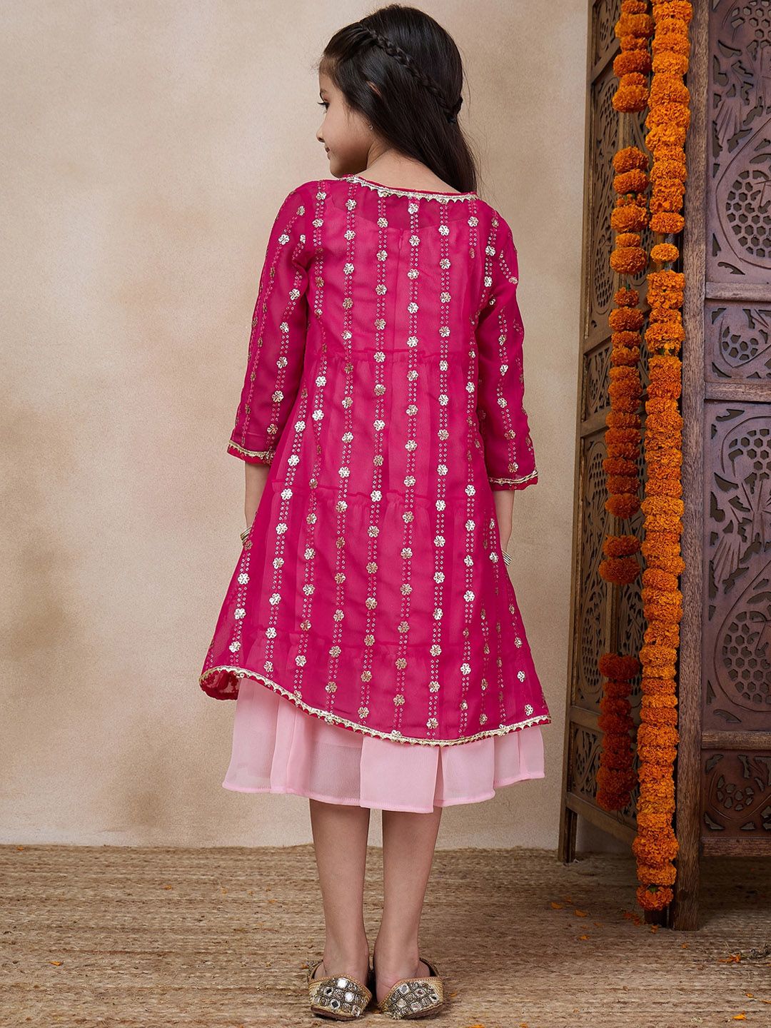 pspeaches Girls Tiered Sleeveless A-Line Midi Georgette Ethnic Dress With Embroidered Shrug