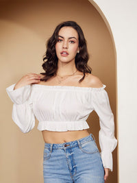 Berrylush White Off Shoulder Bell Sleeves Gathered Detail Crop Bardot Top