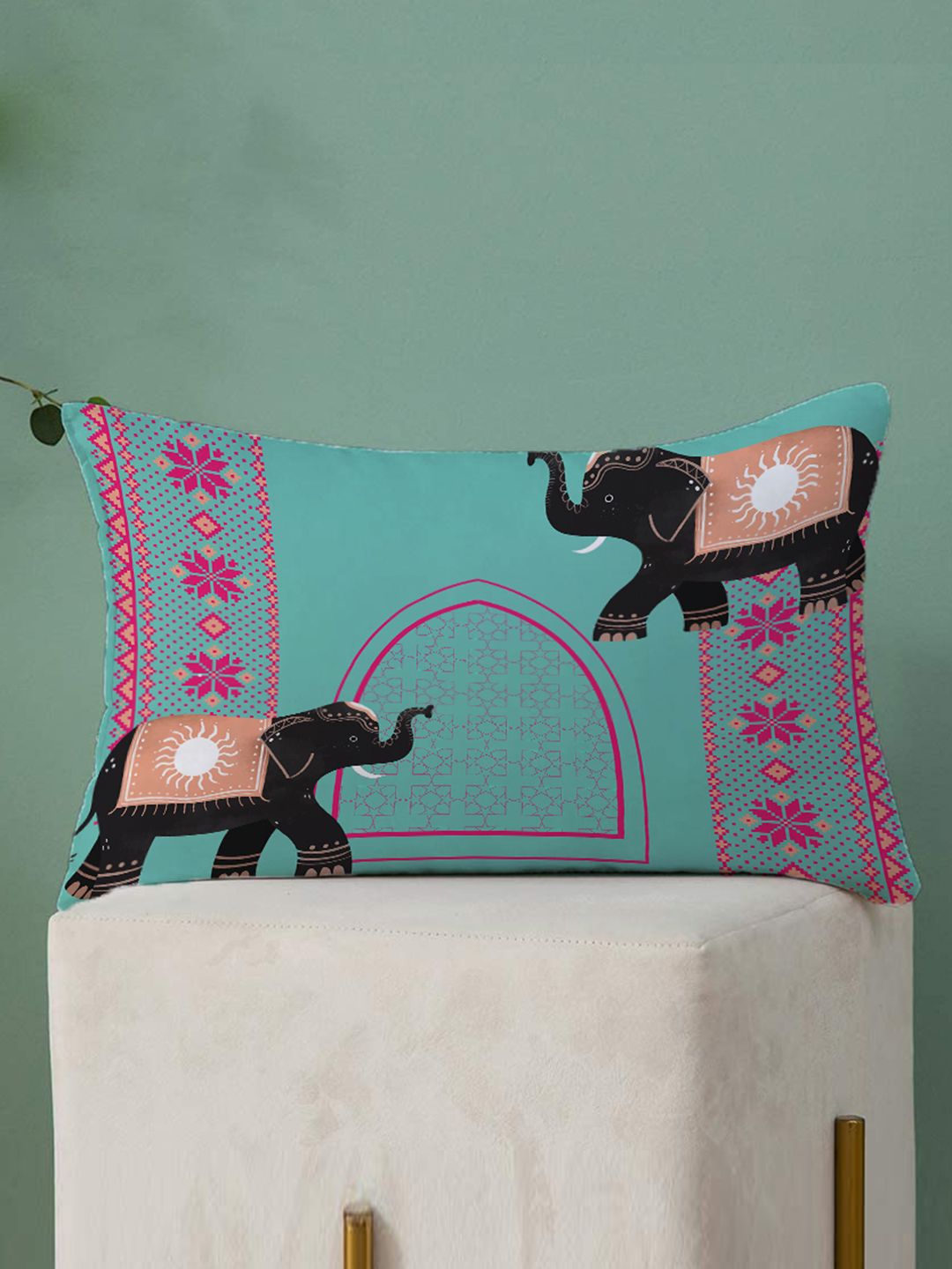 STITCHNEST Pink & Blue Set of 2 Ethnic Motifs Rectangle Cushion Covers