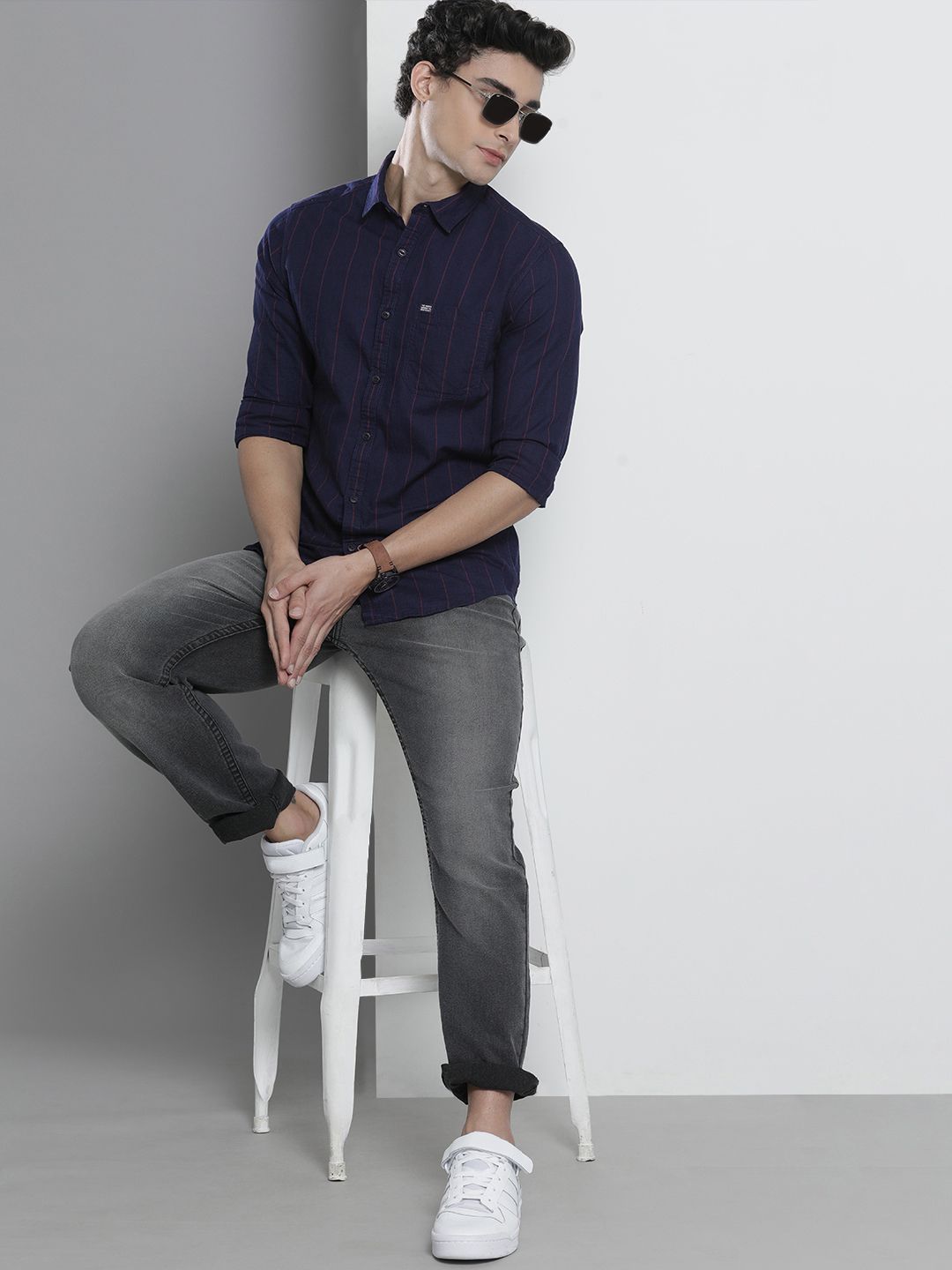 The Indian Garage Co Men Navy Blue Pinstripes Casual Shirt