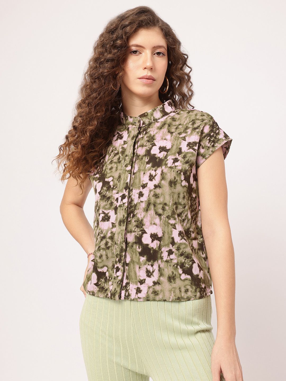 DressBerry Cozy Couture Printed Band Collar Shirt Style Top