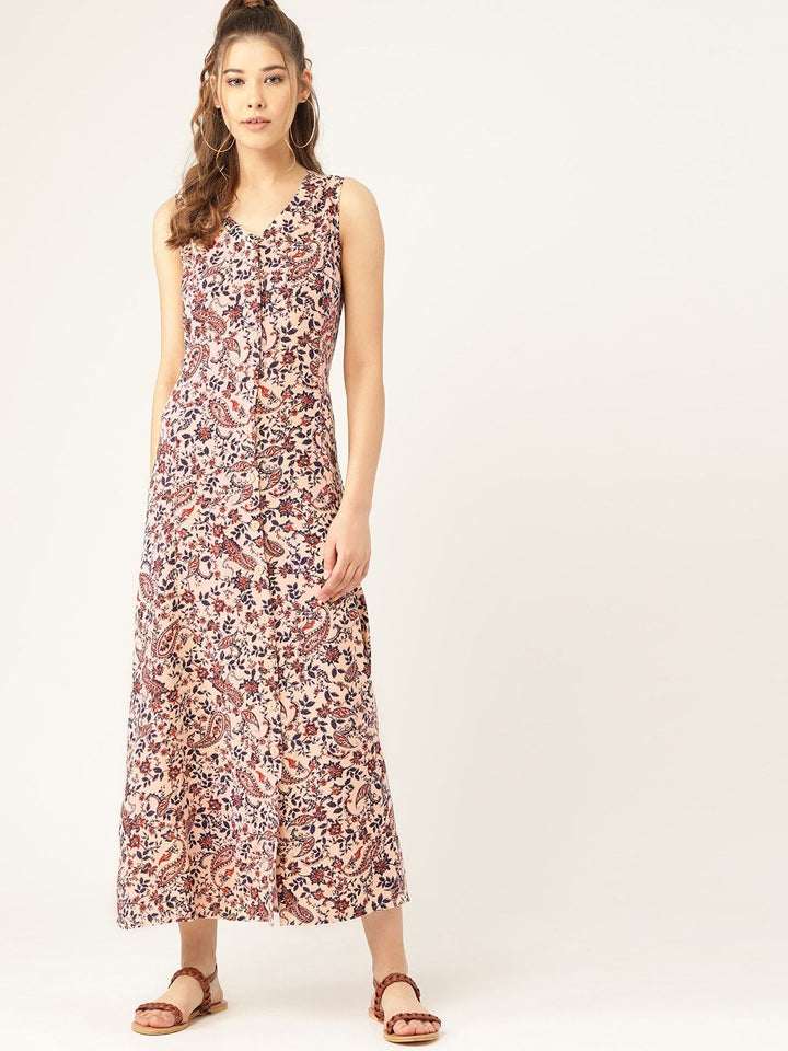 DressBerry Pink & Navy Blue Floral Printed Maxi Dress