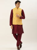 SOJANYA Men Maroon Thread Work Kurta with Churidar & Nehru Jacket