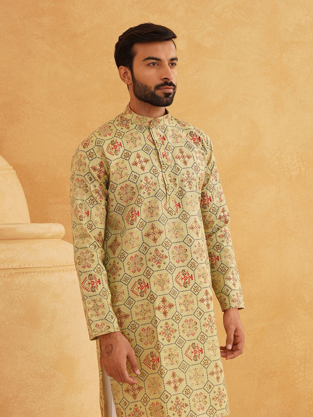 SOJANYA Men Green & White Ethnic Motifs Printed  Cotton Linen Kurta