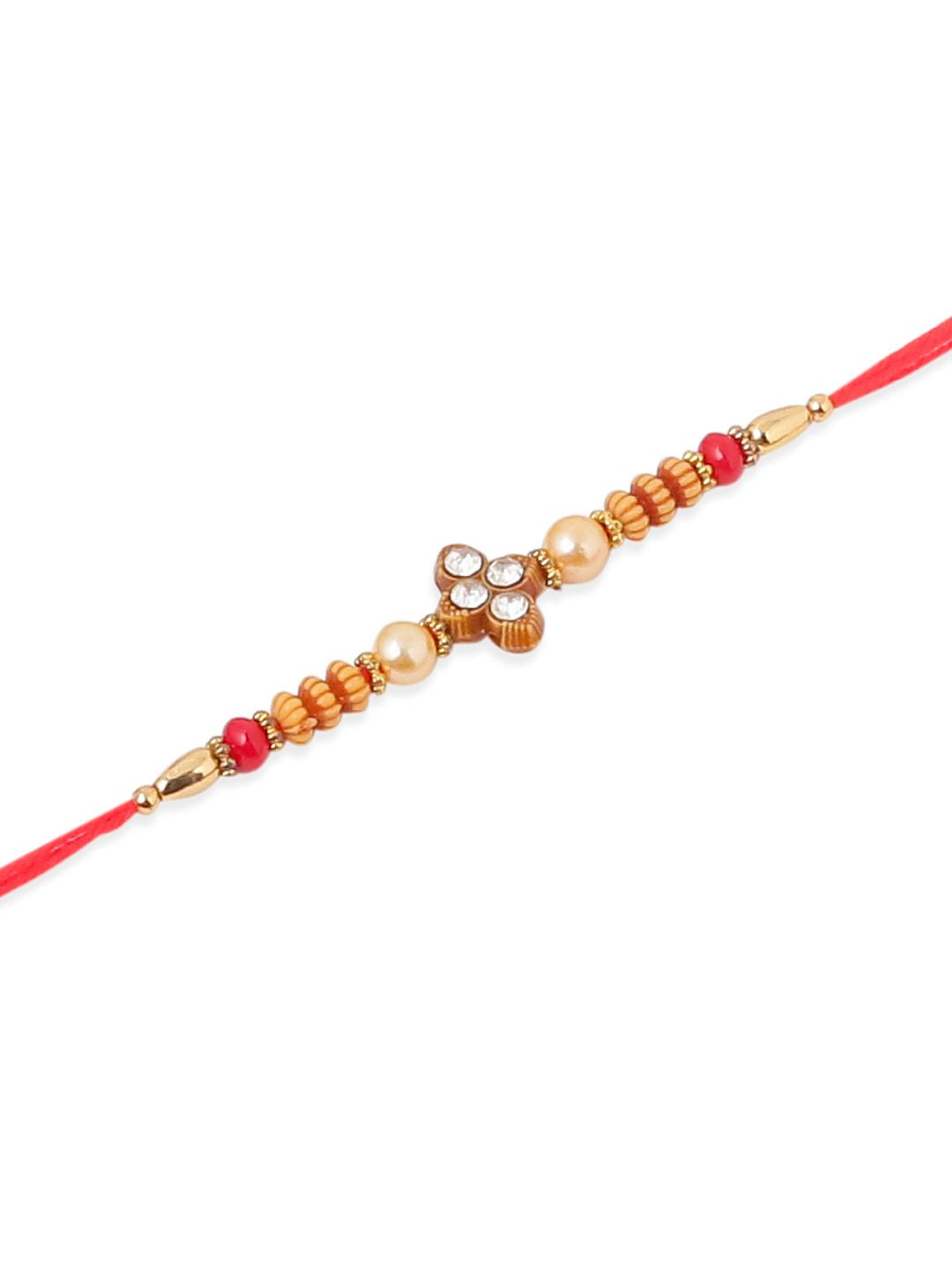 NVR Unisex Set of 4 Artificial Stones Beads Thread Rakhi with Roli Chawal Chandan Mishri