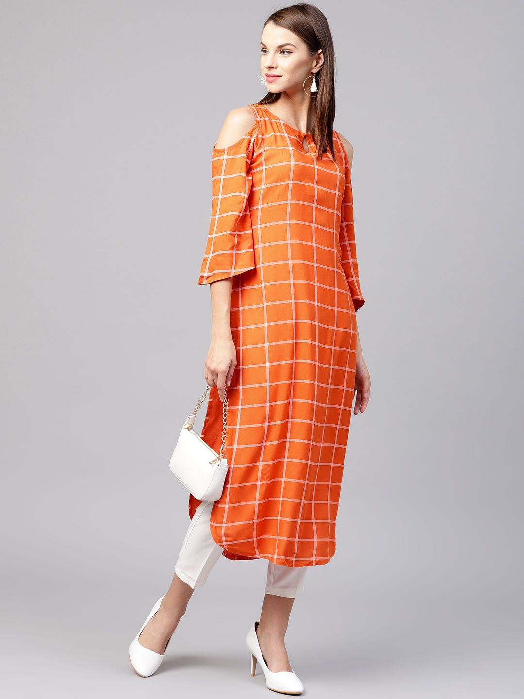 Gerua By Libas Women Orange  White Checked Straight Kurta