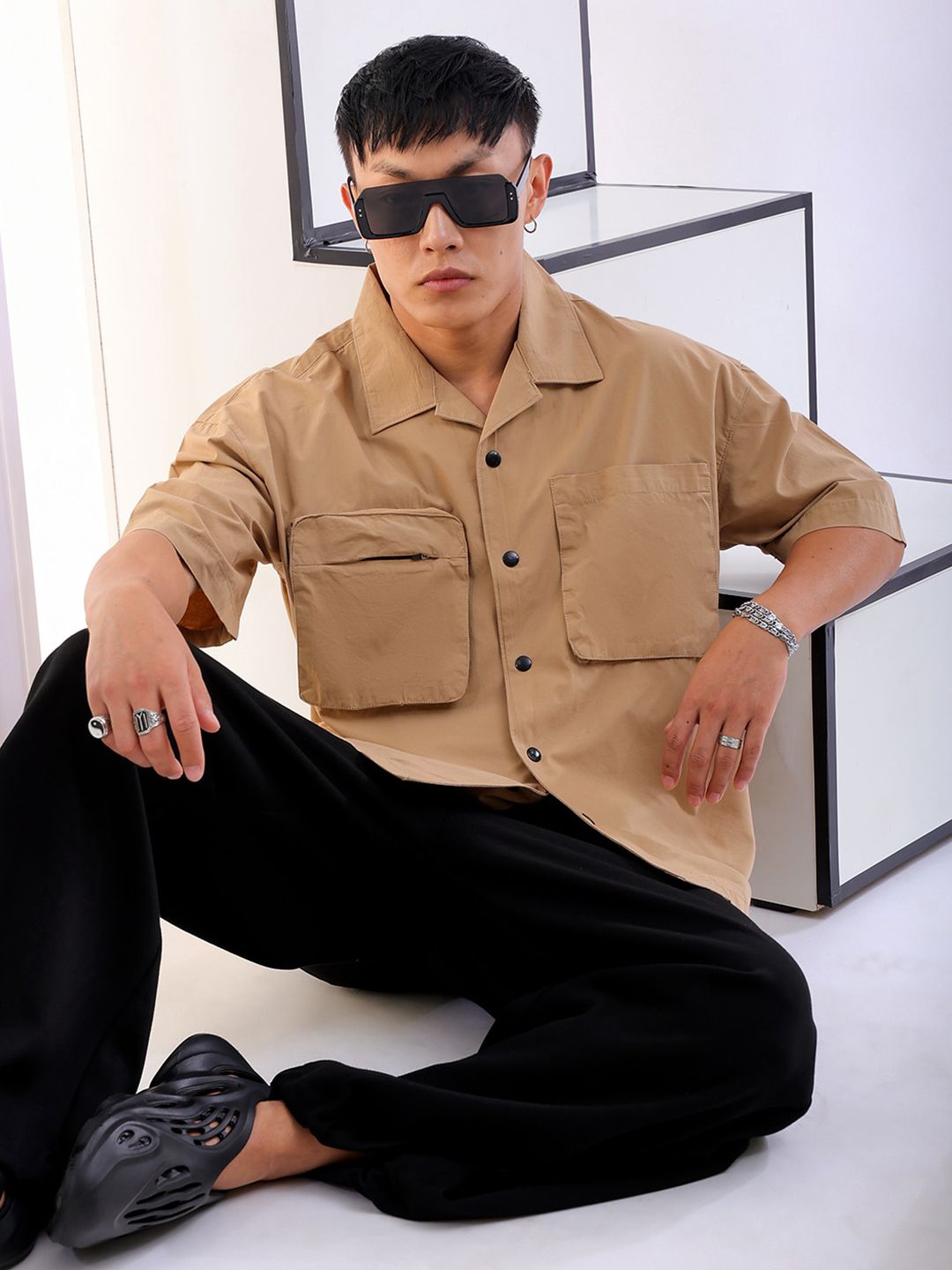 The Indian Garage Co Boxy Khaki Cuban Collar Cotton Casual Shirt