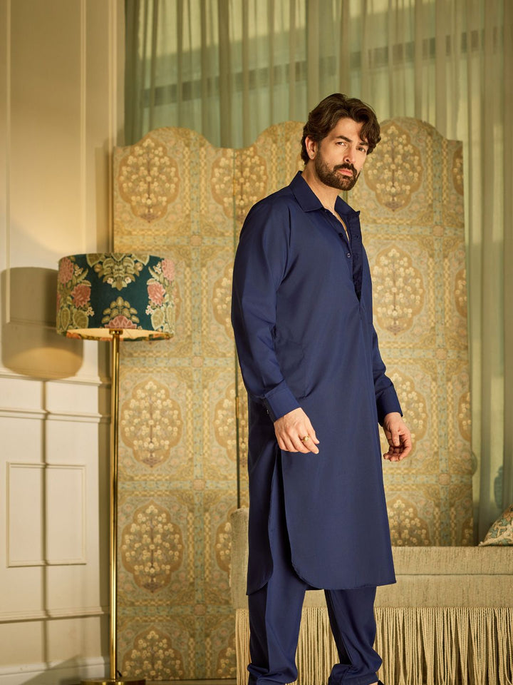 SOJANYA Shirt Collar Curved Hem Pathani Kurta with Salwar