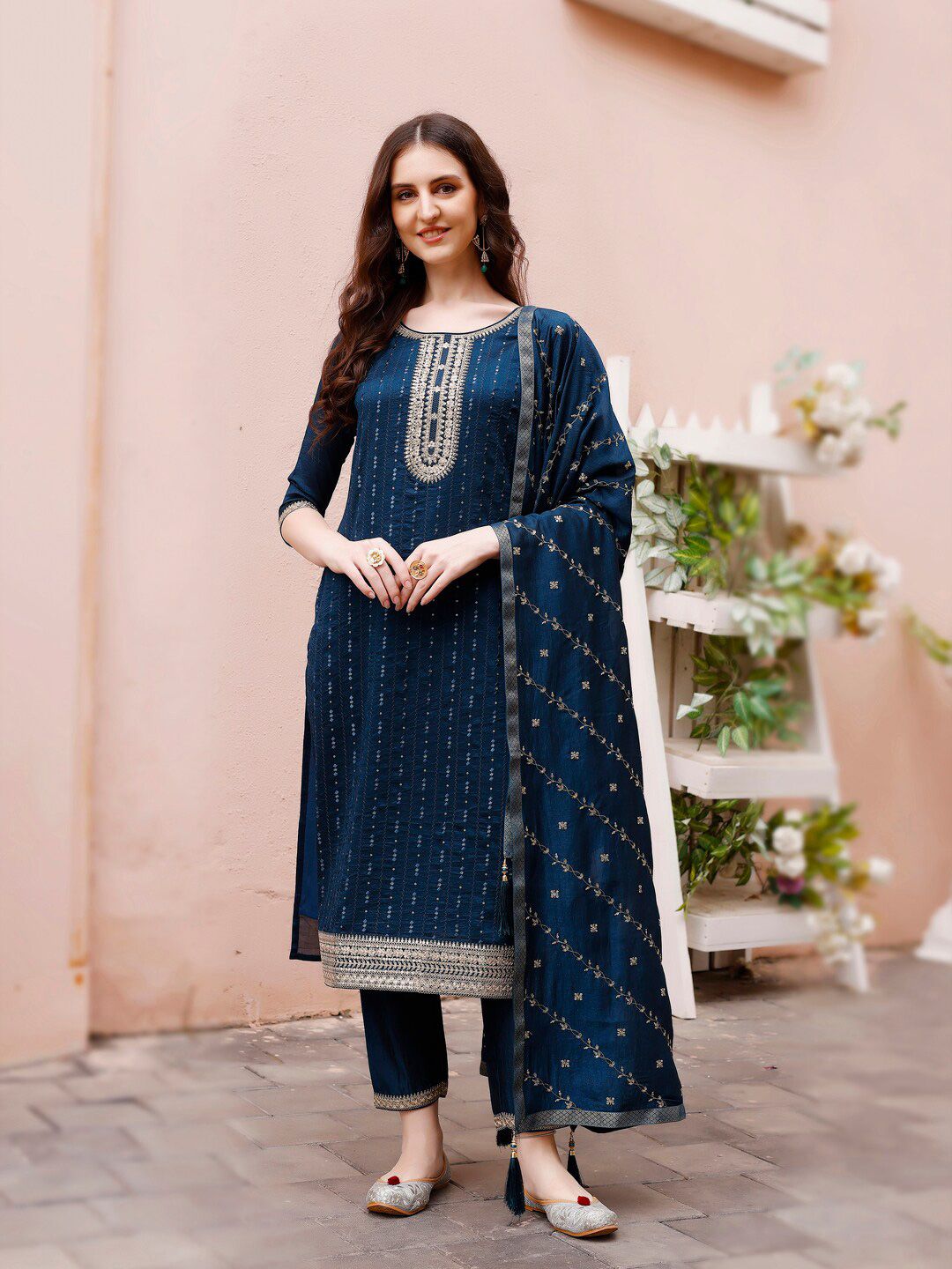 KALINI Embroidered Round Neck Straight Kurta & Trousers With Dupatta