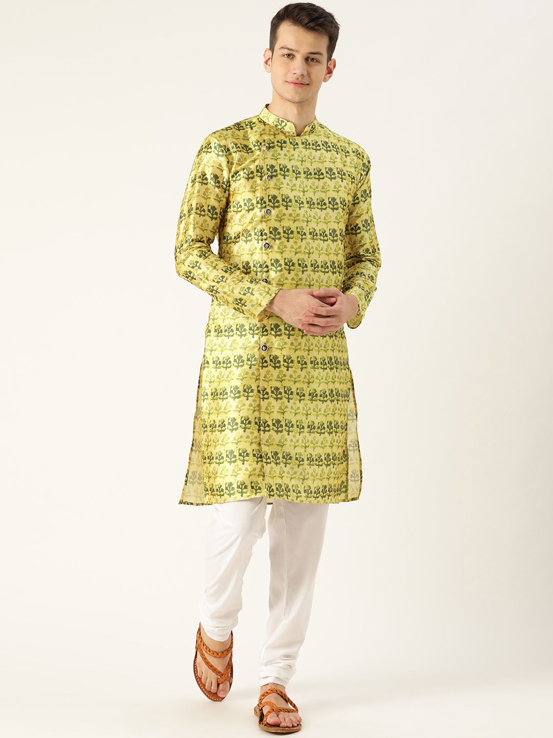 SOJANYA Men Green Printed Angrakha Straight Kurta