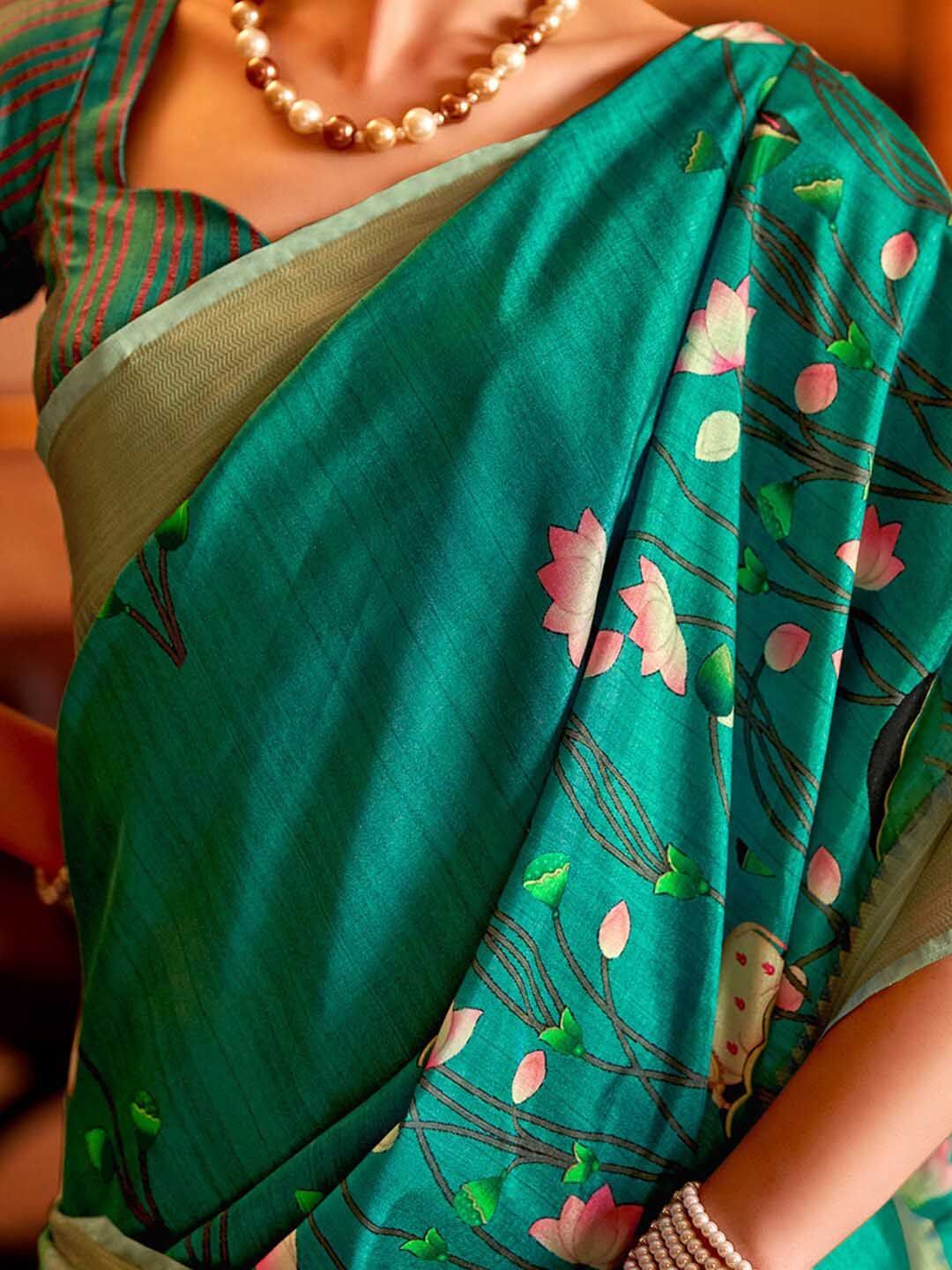 Saree Mall Pichwai Animal Print Zari Sungudi Sarees with Matching Blouse