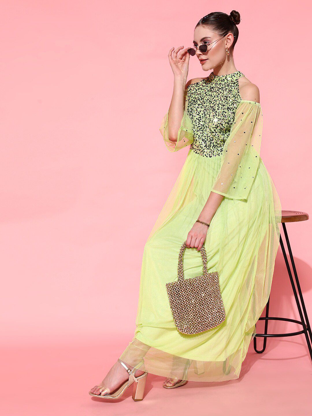 STREET 9 Women Attractive Lime Green Embellished Dress