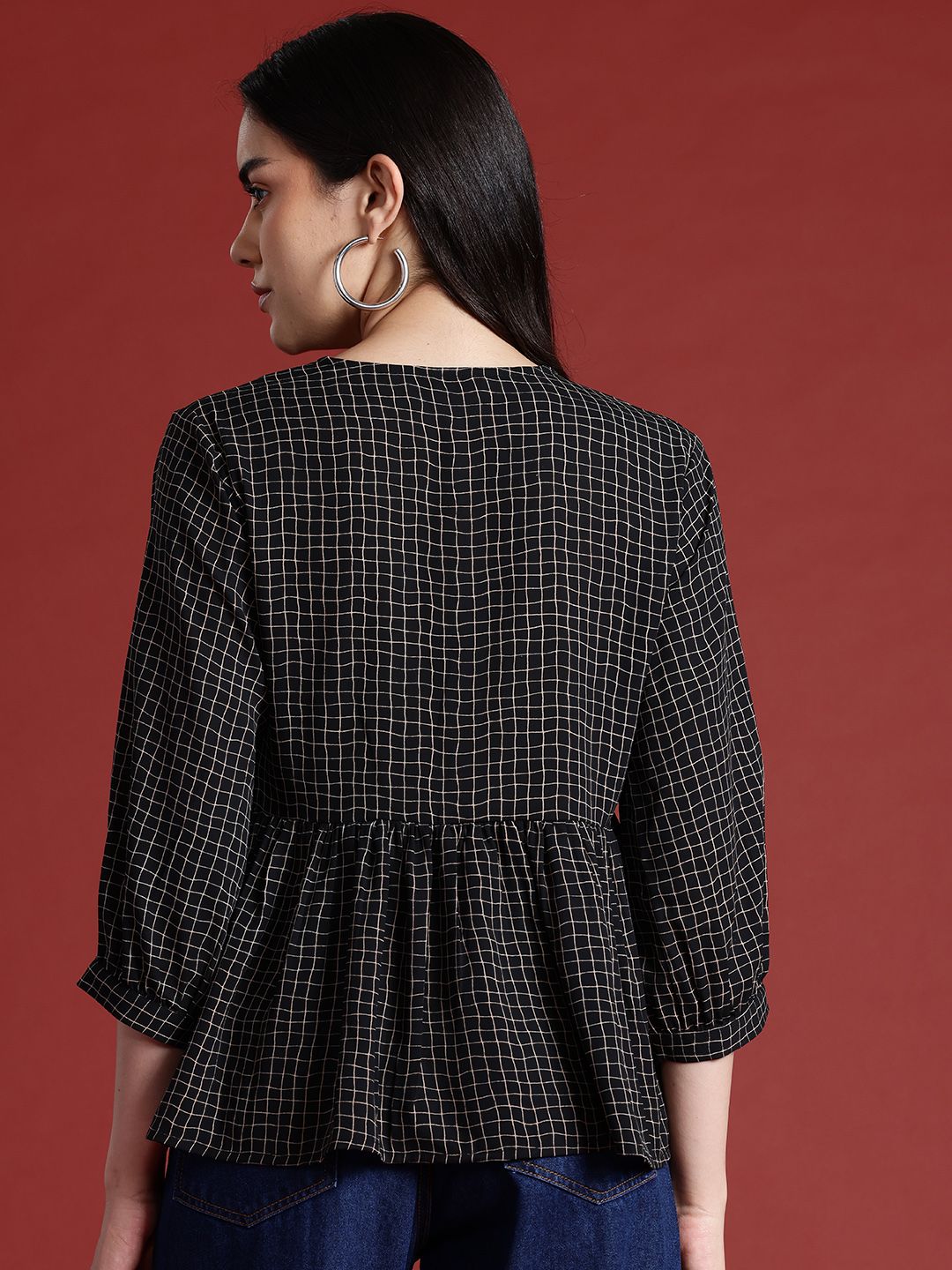 all about you Checked Print Puff Sleeve Empire Top
