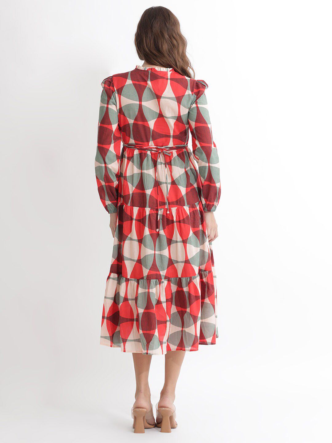 Rareism dicetak Puff Sleeves Cotton Fit & Flare Midi Dress