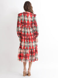 Rareism dicetak Puff Sleeves Cotton Fit & Flare Midi Dress