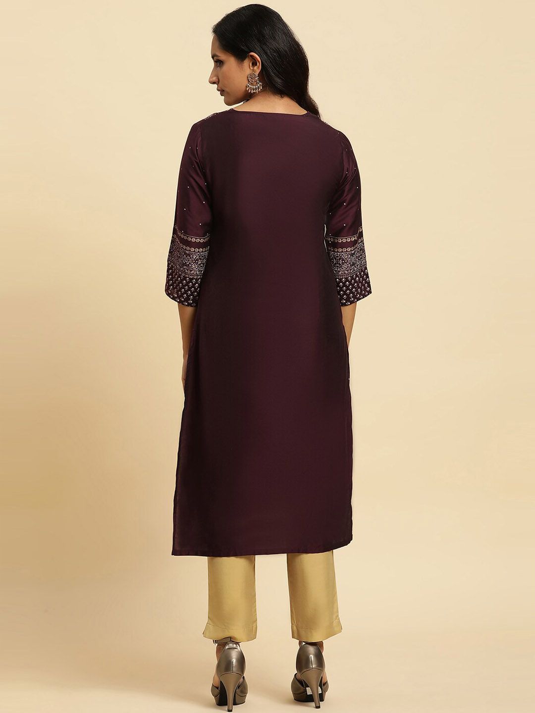 W Purple Floral Yoke Design Sequinned Straight Kurta
