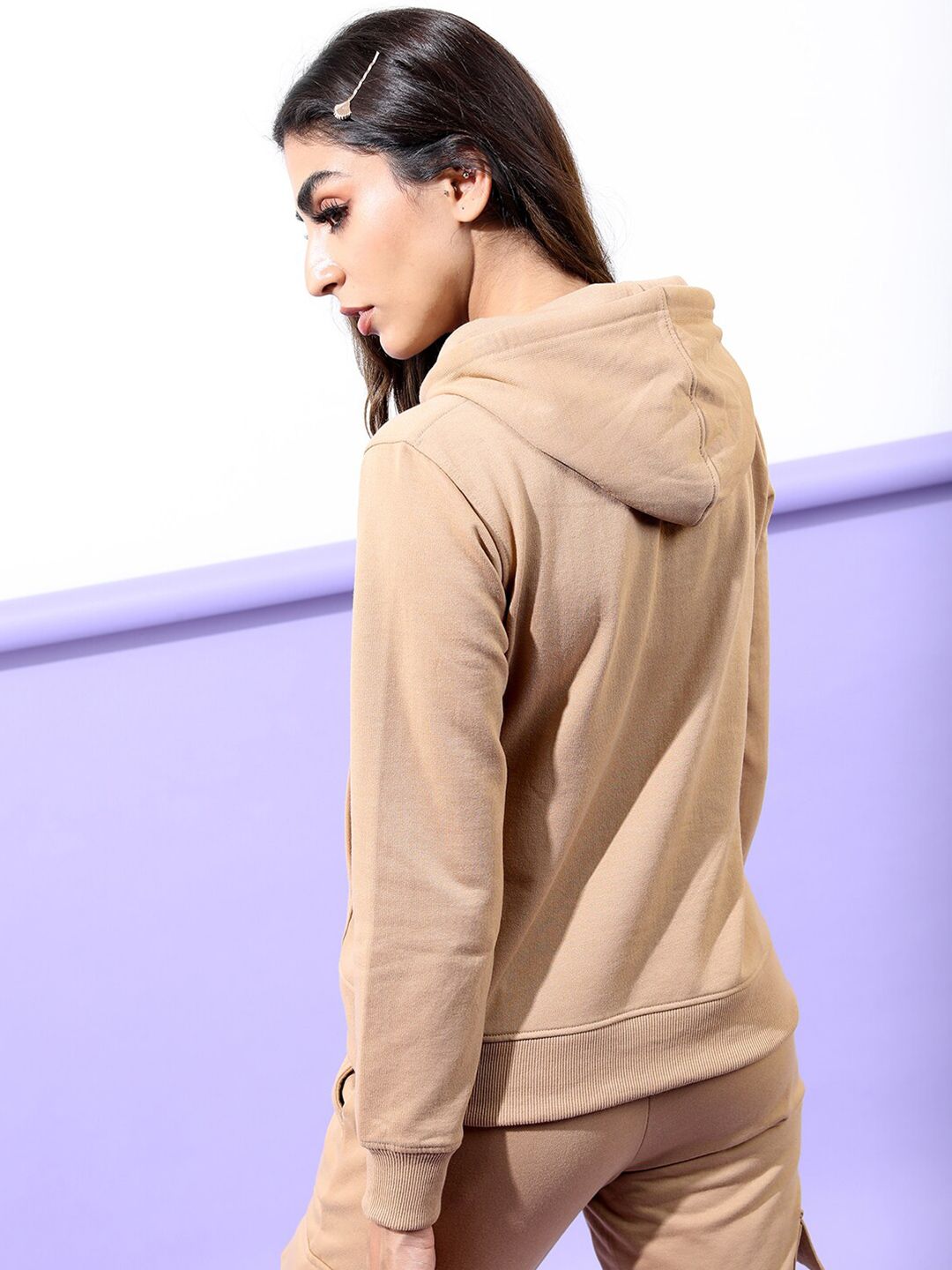Tokyo Talkies Women Khaki Printed Hooded Sweatshirt