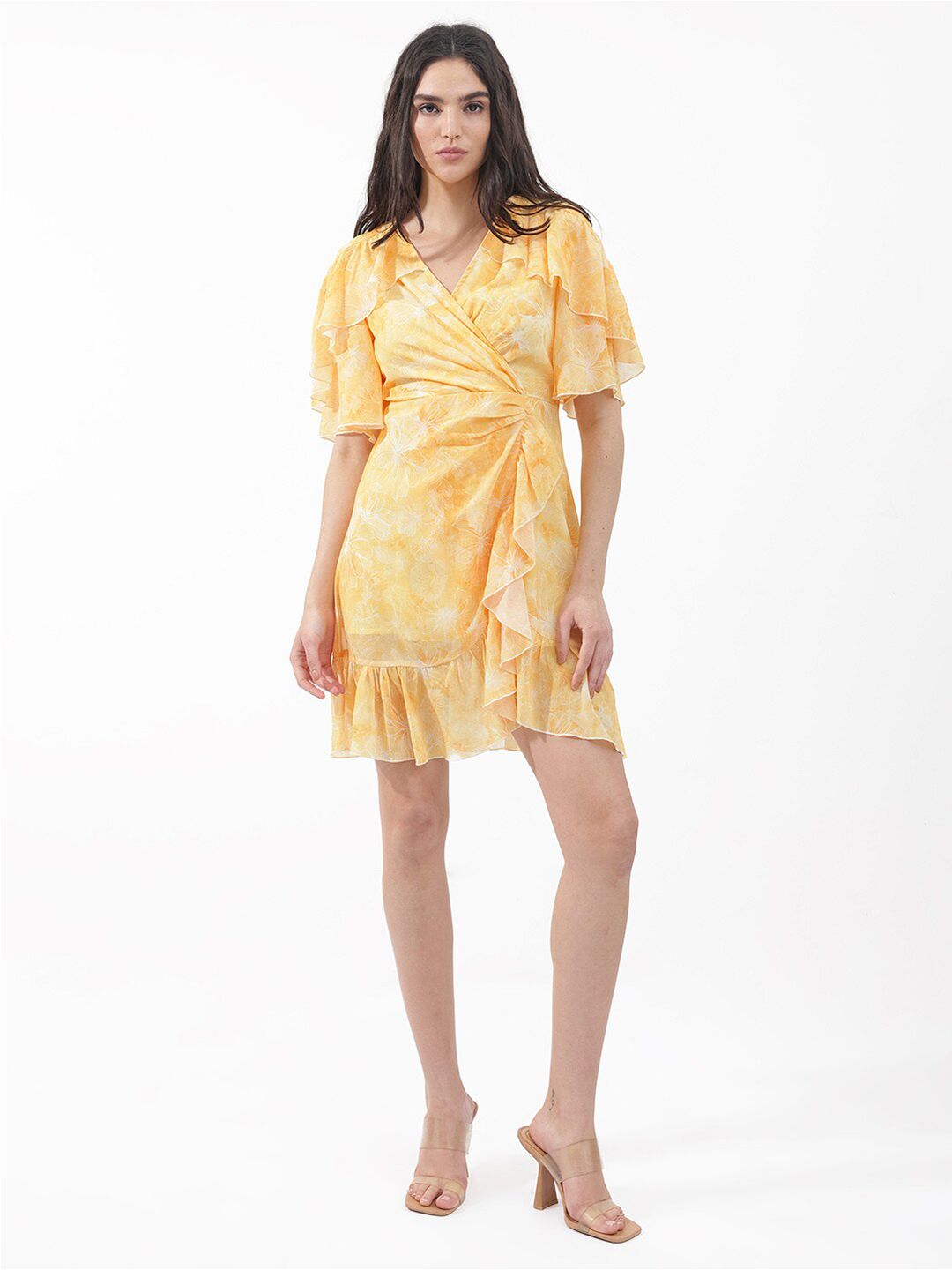 RAREISM Floral Printed Flared Sleeves Wrap Dress