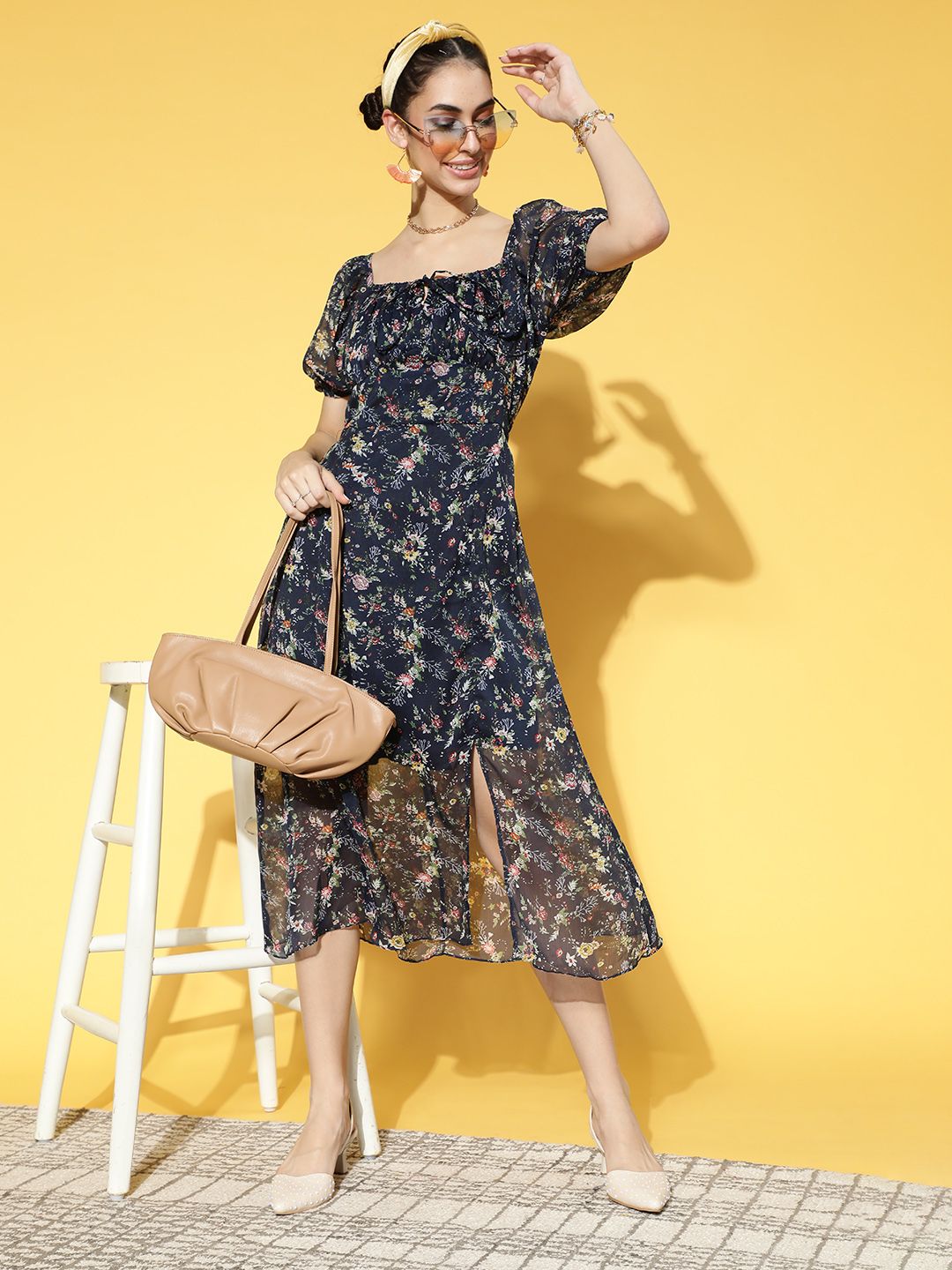 Athena Women Deep Navy Blue Floral Volume Play Dress